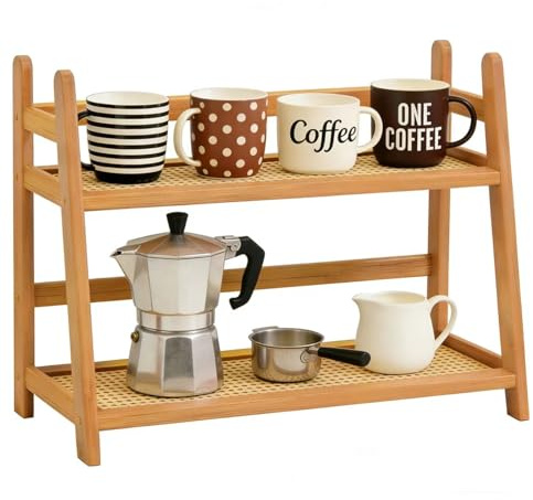 FYRLFB Household 2-Tier Cup Shelf Organizer, Kitchen Counter Shelf for Tea Coffee Bar Accessories, Bamboo Mug Holder Countertop, Matcha Stand, Cup Display, Condiment Storage Rack - Natural