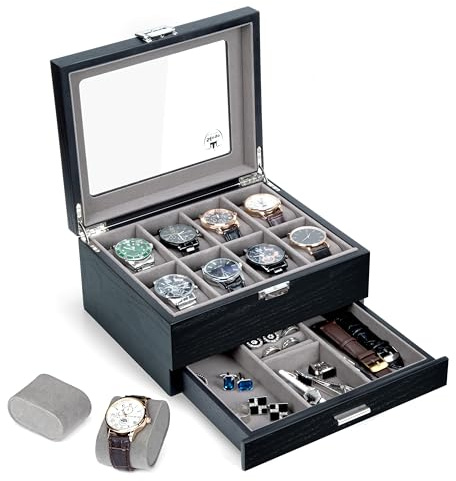 Slege Uhrenbox aus Holz mit 8 Schlitzen,2 Ebenen,Uhrenetui Herren,Handgefertigt Uhrenkasten mit Glasdeckel,Uhrenaufbewahrung für Uhren,Uhrengehäuse-Organizer,Uhrenbox-Organizer für Damen und Herren