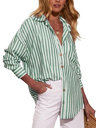Dressmine Ladies Cotton Long Sleeve Striped Shirt Button Down Beach Vacation Blouse Casual Loose Fit Tops Green XL