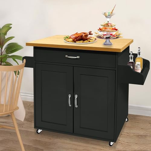 UISEBRT Carro de cocina con tablero de trabajo de madera, armario de cocina con ruedas con cajón y estante, carrito de servir de estilo rústico, carro de cocina móvil, negro