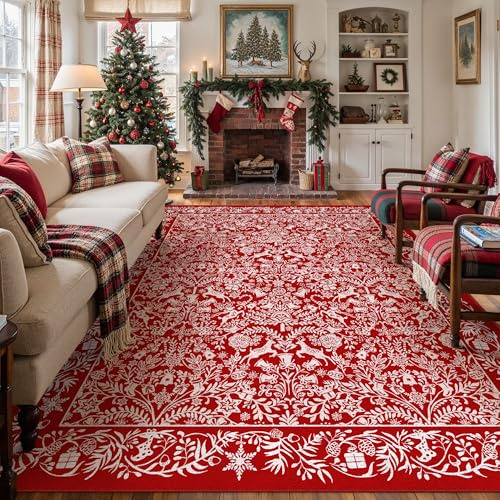 PureCozy groß Wohnzimmer Teppich Weihnachtsteppich, 240x300 cm Weihnachtsglocke Elch Waschbar rutschfest Weihnachtsdeko Carpet für Schlafzimmer KüChe Esszimmer BüRo, XXL Roter Weicher Kurzflor Rug