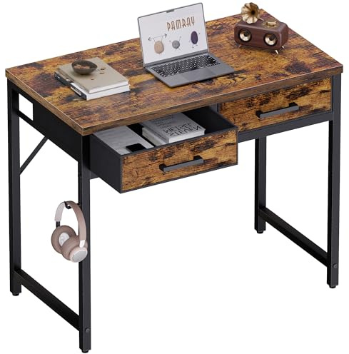 PAMRAY 80 cm Kleiner Computertisch mit 2 Schubladen für Schlafzimmer, Studium, Schreiben, Home Office Tisch für kleine Räume, Vintage