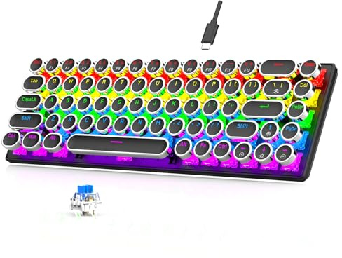 Plyisty Vintage Typewriter Mechanical Keyboard, RGB Backlit Gaming Keyboard with Blue Switches for Desktop, Laptop Computers, Adjustable Side Lighting (Black)