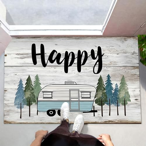CEDNXOER Camping Holzmaserung Fußmatte Teppich Innen 50x70 cm, rutschfest Schmutzfangmatte, Oldtimer Wald Waschbar Kurzflor Fussmatte, Weiß Dünne Eingangstürmatte für Vordere Hintertür