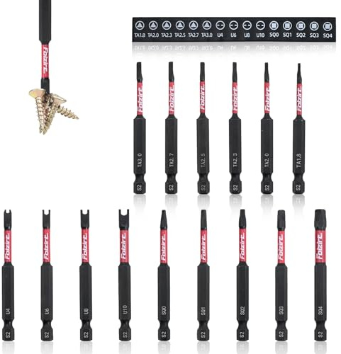 Folzirt Set di 15 cacciaviti magnetici lunghi 75 mm per avvitatore a batteria, triangolo in acciaio S2, set di punte quadrate e a U lunghe, codolo esagonale da 1/4, fosforo, nero