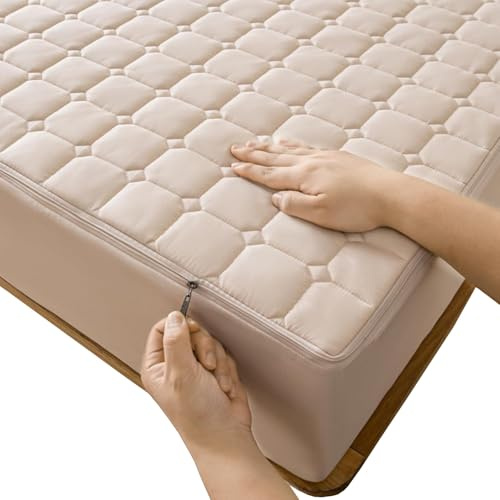 Coprimaterasso con Cerniera Fodera Materasso Matrimoniale/Singolo 160x190/200 Personalizzabile Copri Proteggi Materasso Trapuntato Lavabile Imbottito Lenzuolo(Beige,80x200x10cm)