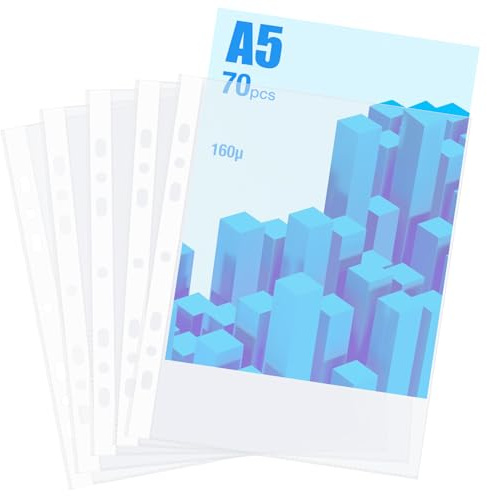 ZYNERY 70 Stück Klarsichthüllen A5 Glasklar Stabil, 160µ Prospekthüllen A5 Glasklar Extra Stark aus PP-Kunststoff, DIN A 5 Klarsichthüllen für Ringbuch Stammbuch, Papier, Akten, Dokumenten, Fotos