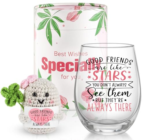MUJUZE Friendship Wine Glasses Gifts, Birthday Gifts for Friend | Birthday Gift Set for Best Friend Female- Includes Lucky Potato & Card Good Friends are Like Stars