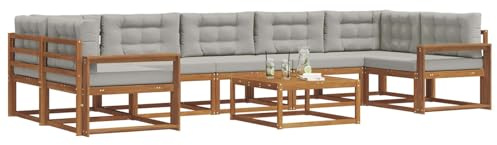 vidaXL Outdoor-Sofagarnitur mit Kissen 8 pcs Natürlich und Hellgrau, Ecksofa-Set aus Akazienholz, modernes Gartenmöbel, Flexibles modulares Sitzen für Terrasse und Hinterhof-Lounge, beige Stil