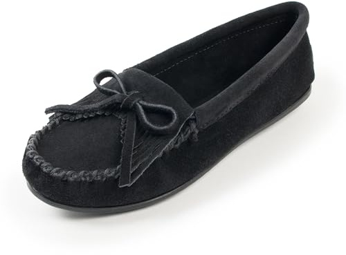 Minnetonka Women's Kilty Suede Hardsole Moccasin, Black, 10 M US