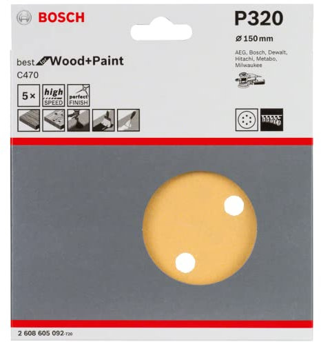 Bosch Accessories Disque Abrasif C470 pour Ponceuses Orbitales, 320 Grain, 150mm, Lot de 5