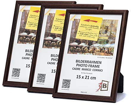 3-B Lot de 3 Cadres JENA - foncé brun - 15x21 cm (A5) - cadre photo en bois exotique avec verre acrylique