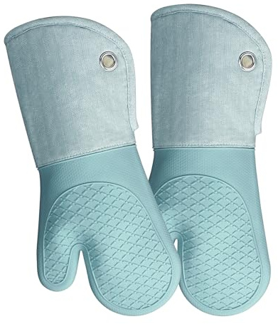 Professional Microwave Silicone Oven Mitts one Pair, Kitchen Mitten Set | Heat Resistant with 500 Degrees Oven Gloves Pot Holder for BBQ Cooking Baking (Light Blue)