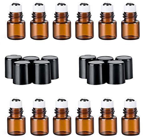 12 STÜCKE Mini Bernstein Glas Rollerflaschen mit Schwarzer Kappe und Stahl Roller Balls Kosmetische Vorratsbehälter Jar Töpfe für ätherisches Öl Parfüm Aromatherapie Probe (2ml)