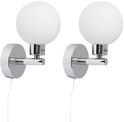 Pair of Modern Chrome IP44 Bathroom Globe Pull Cord Switch Wall Lights Zone 2 3