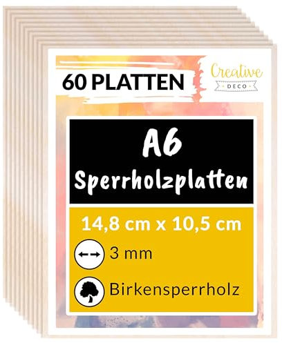 Creative Deco 60 x A6 Sperrholzplatte 3mm | 148 x 105 (+/- 2) mm | Birkensperrholz Dünne holz-Zuschnitte | Perfektes Blatt für Laubsäge, Brandmalerei, Laserschnitt, CNC Router, Durchbrochenes