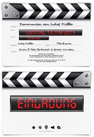 10 x Kommunion Einladungskarten individueller Text DIN A6 - Filmklappe