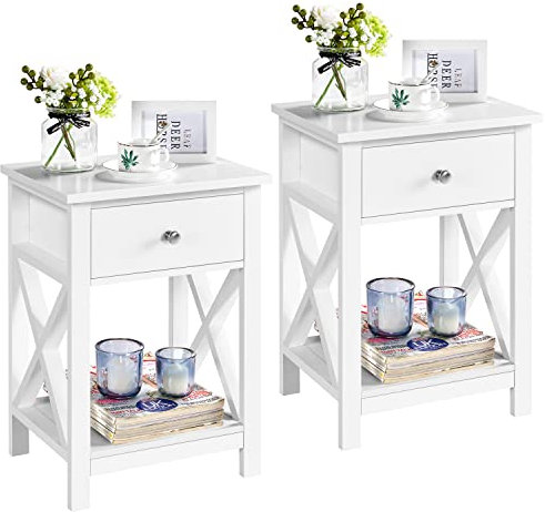 Yaheetech White Bedside Table Set of 2, X Shaped Cabinet with Drawer and Open Shelf Narrow Wooden Nightstand Storage Unit for Bedroom Small Side Table for Living Room, 40x30x55cm