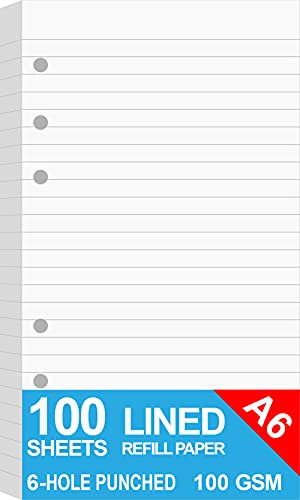 Nachfüllpapier – A6 liniertes Papier für Filofax Personal Binder Planer, weiß, 100 g/m², linierte Seiten, 6-fach gelocht, 100 Blatt/200 Seiten, 9,5 x 17,1 cm