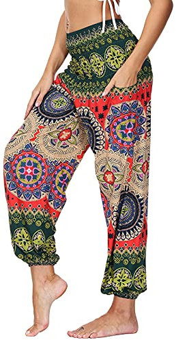 Nuofengkudu Damen Hippie Haremshose Yogahose mit Taschen Thai High Waist Yoga Hosen Leichte Dünn Boho Ethno Muster Strand Sommerhose Pumphose Freizeithose Einheitsgröße Y-Grün