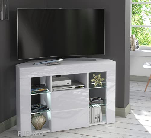 Furneo Venico 02 - White Corner TV Stand 100cm Matt & High Gloss (White LED Lights)