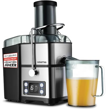 Gourmia 6 Speed Digital Juice Extractor -Extra-Wide Chute, Pulse Mode, Self-Clean Cycle, 36 oz Pitcher, Pulp Container & Cleaning Brush, Stainless Steel