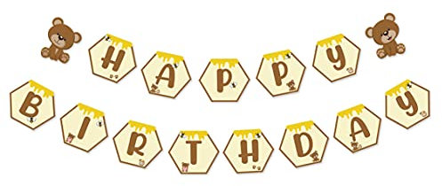 Bear Happy Birthday Banner, Teddy Bear Theme Bday Party Pennant Decor, Cute Honeycomb Birthday Sign for Daughter Son