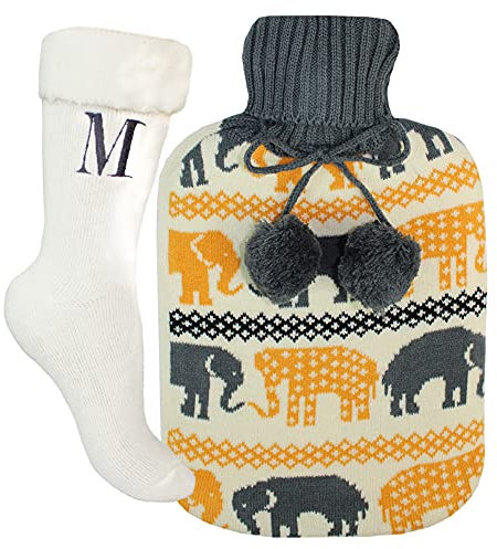 Teddy T's Personalised Initial Cream Socks and Elephants Hot Water Bottle Gift Set