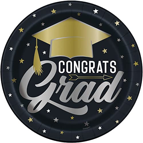Unique 24875 Paper Plates-23 cm-Stars & Caps Graduation Party-Pack of 8, Multicolour