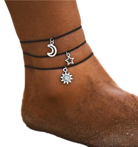 Bufenia Bracelets de cheville en cuir simples Bracelets de cheville multicouches en argent chaîne de pied pieds nus étoile lune soleil cheville pour femmes et filles