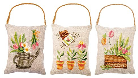 Vervaco Counted Cross Stitch Kit Complete Garden Set of 3 Embroidery Craft Home Decoration Gift DIY Approx. 11 x 13 cm Counted Cross Stitch Embroidery