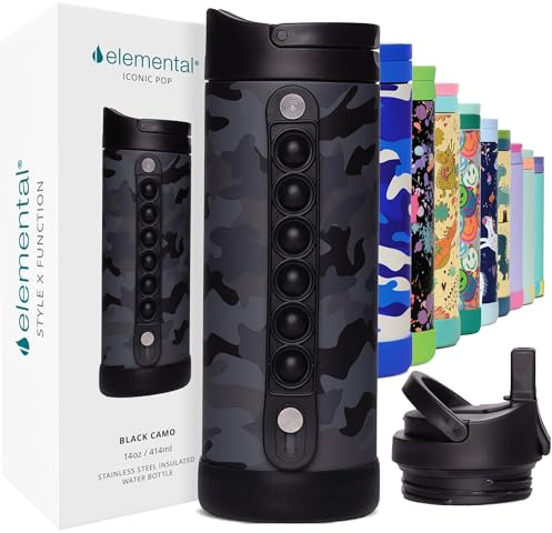 Elemental Iconic 414ml Triple-Wall Insulated Water Bottle with Straw – Sports-Lid & Pop Fidget Handle – Leakproof Stainless Steel Sports Water Bottle for Hot & Cold Drinks – Black Camo