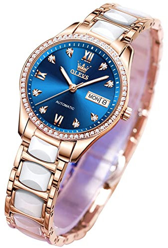 OLEVS Roségold Damenuhren Keramik Edelstahlband Automatische Mechanische Uhr Wasserdicht Leuchtender Zeiger Kalender Diamanten Elegante Uhren für Frauen Rot/Blau/Weiß Zifferblatt [Keine Batterie],