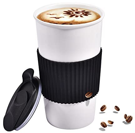 fMSDD Ceramic Travel Coffee Mug with Non-Slip Silicone Sleeve, and Slider Lid, Daily Reusable Cup, 12 oz, Black
