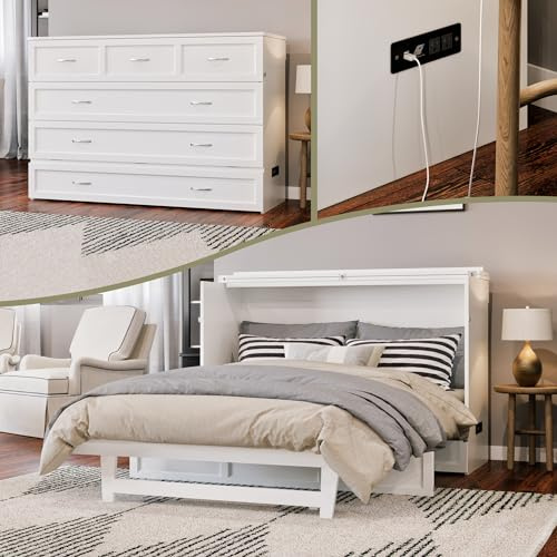 AFI Northfield Queen Size Murphy Bed Chest with Mattress, Storage, & Built-in Charger in White
