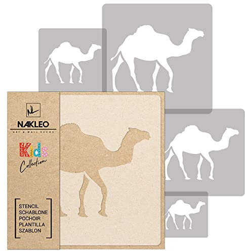 NAKLEO Schablonen Malen für Kinderzimmer, 5 Stück Set 9x9 bis 34x34cm Dromedar Kamel Tier, Wiederverwendbare Kunststoff Malvorlage Raumdekoration, Basteln DIY Wand Möbel Papier Stoff