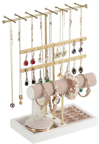 Soporte para Joyas, Organizador de Joyas de Metal y Madera, Expositor de Joyas, Soporte de Joyería, Expositor de Pendientes, Organizador de Pendientes para Collares, Pulseras, Pendientes, Anillos (B)