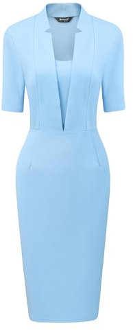 Allegra K Sheath Dress for Women's V Neck Short Sleeve Work Office Bodycon Midi Dresses Sky Blue XL