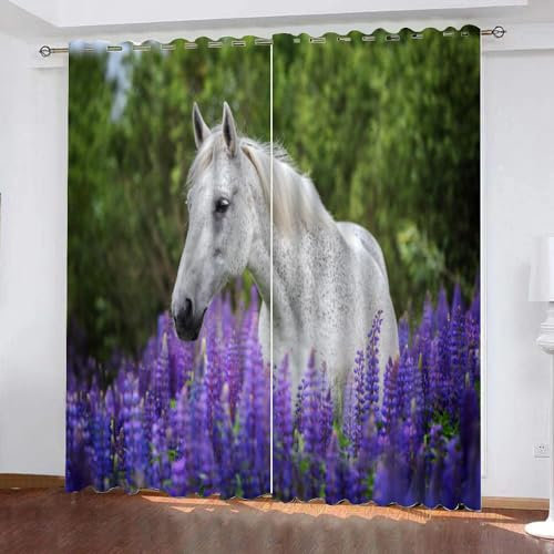 GIOVIA 3D Pferd Gardinen Abdunkelnde Lavendel Pferd Kindervorhänge Vorhang mit ösen 2er Set Vorhänge Blickdicht Verdunkelungs für Kinderzimmer Schlafzimmer Wohnzimmer B 140 X H 160 cm