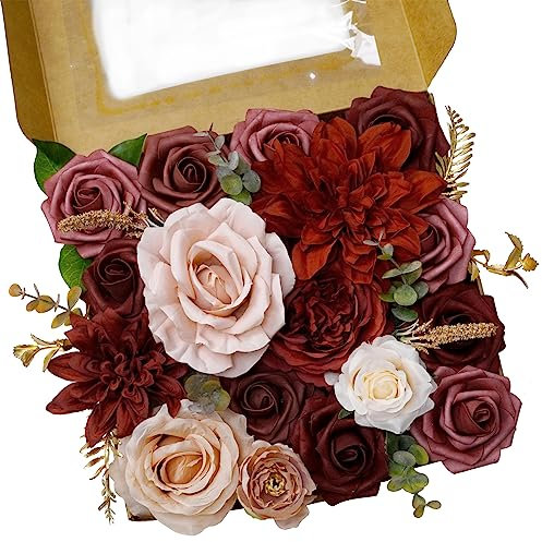 Bouquet de fleurs artificielles, mélange de fleurs de dahlia en soie, tête de fleur synthétique avec tiges, fleurs artificielles pour bouquets de mariage, centres de table de mariage, fête (bordeaux)