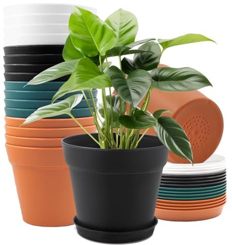 iDattel 16 Stück 15.5 cm Kunststoff Blumentopf mit Untersetzer,Bunte groß Kunststoff Pflanztöpfe mit Mehrere Ablauflöchern, Plastik Übertopf Kräutertopf für Büro Balkon Sukkulenten Kaktus Geländer