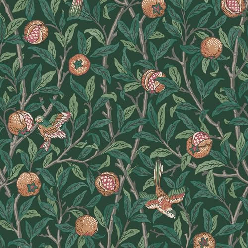 Papier peint intissé William Morris Bird & Pomegranate Deep Green 1005 x 52cm Vert | Revêtement Mural, Tapisserie | Ambiance Facile à poser et à enlever
