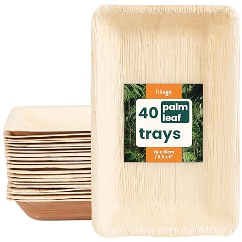 HAAGO 40 15x24cm Rectangular Palm Leaf Plates, Disposable Trays - Eco-Friendly & Compostable, Microwave & Freezer Safe, Alternative to Paper Plates, Party Platters, Disposable Serving Platters