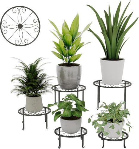 Bamworld Porta piante da esterno 5 pezzi in metallo – Fioriera nera rotonda resistente, porta vasi decorativo per interno ed esterno, piedistallo per piante Ø28/25/23/20/17cm, capacità 50kg
