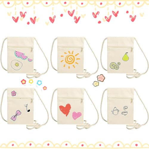 Zeaying 6 Stück Stoffbeutel Zum Bemalen für Kinder, 17×13cm Kinder Umhängegeldbeutel, Brustbeutel Kinder Bemalen, DIY Beige Brustbeutel für Schule, Party, Geschenk