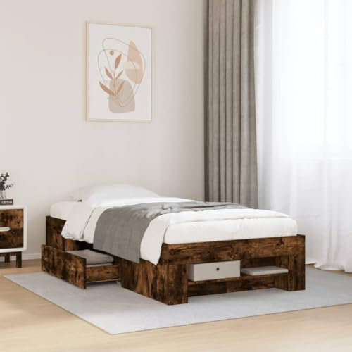 vidaXL Bettrahmen - Raucheiche Holzwerkstoff Lattenrost Schubladen 100x200 cm Einzelbett - Moderne Schlafzimmermöbel