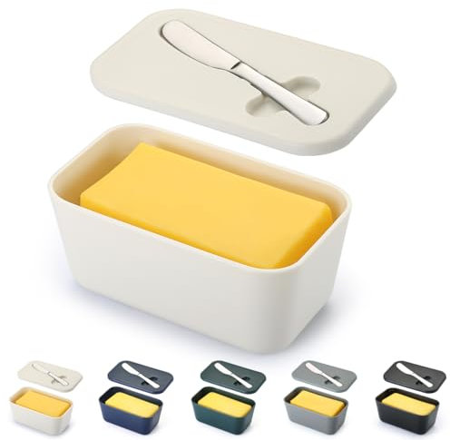 ReaNea Mantequera con tapa para encimera y estante de refrigerador, contenedor de plástico para mantequilla con cuchillo de mantequilla, fácil de recoger, apto para lavavajillas