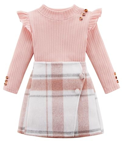 Naiyafly Tenue pour petite fille à volants côtelés à manches longues T-shirt à volants Jupe à carreaux Ensemble tendance 3 pièces pour enfants filles Automne Hiver 2T 3T 4T 5T 6T, Rose + plaid blanc,