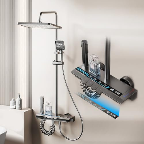 Juanya Colonne De Douche Avec Affichage Numérique Et Rallonge, Lumières D'ambiance, Système De Robinet De Douche à Hauteur Réglable Avec Douchette à Main Et Pulvérisateur De Bidet Pour Salle De Bain