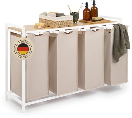 Blumtal Wäschesammler 4 Fächer Creme - Wäschekorb mit Ablage in Bambus-Optik - Wäscheschrank mit Metall-Rahmen in Weiß - Wäschekorb mit Beinen - Wäschetrenner 4 Fächer - Wäschesammler mit Ablage